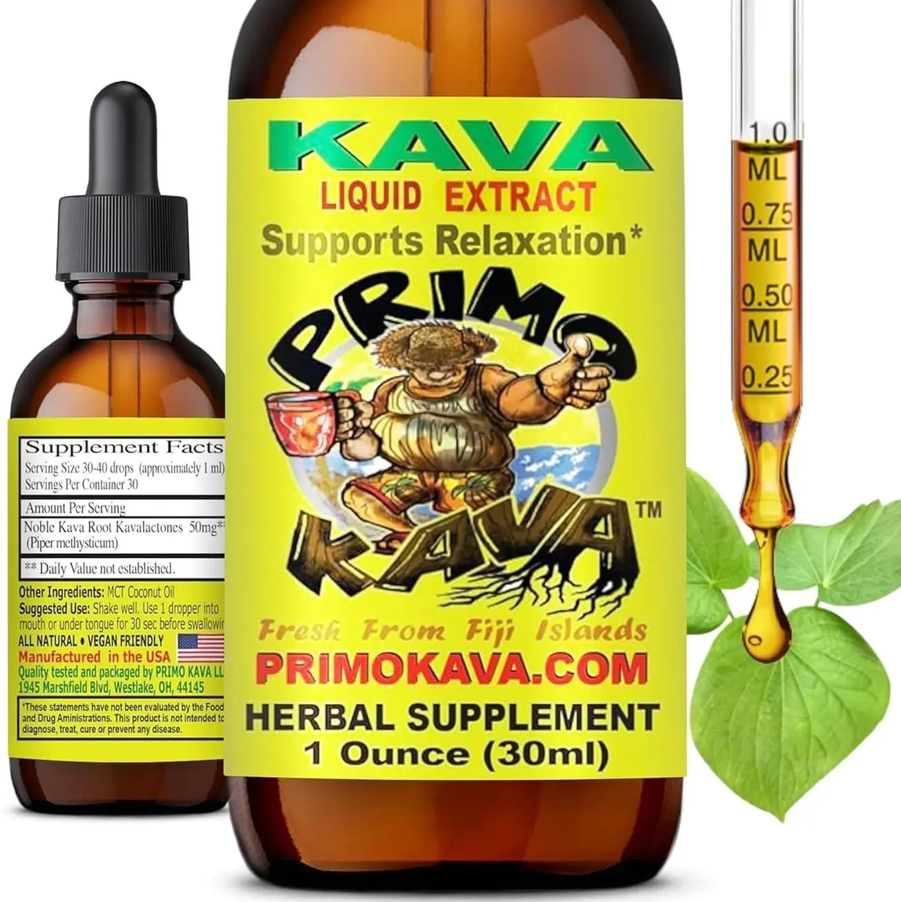 Drops | Natural Kava from Fiji | Fast Acting Kava Root Extract for Calming & Relaxation | 50 mg Potent Kavalactones | 1 oz