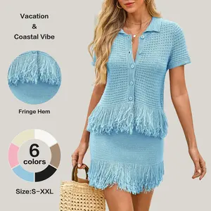 Fisoew Womens 2 Piece Crochet Outfits Short Sleeve Button Knit Sweater Tops Fringe Skirt Summer Vacation Sets Beach Cover Ups