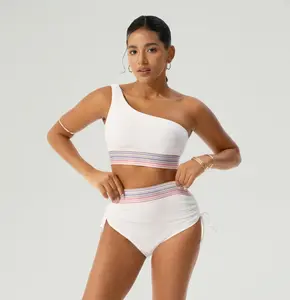 BODYTIPS Women's 1-Shoulder Ribbed 2-Piece Bikini Set - Adjustable Asymmetric Wireless Bra, High-Waisted Bottoms, Rainbow Trim, Comfortable Beach Wear for Women, Two Piece Set