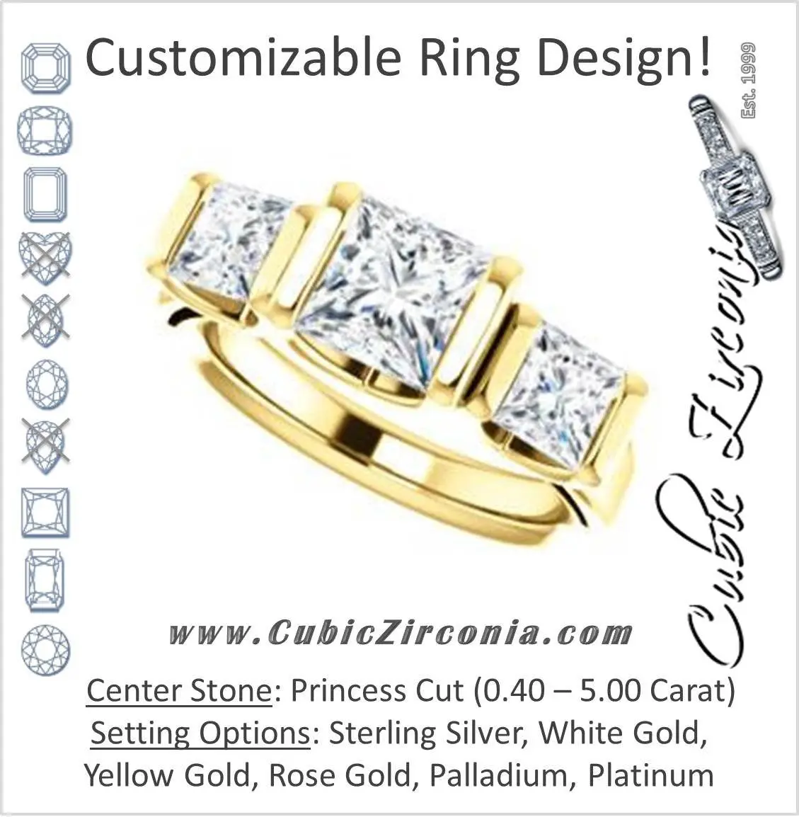 Cubic Zirconia Engagement Ring- The Nazareth (Customizable 3-stone Bar-set Princess Cut Design with Princess Accents)