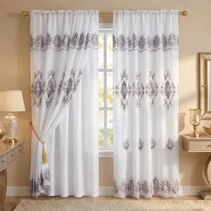 2-Panel Damask Embroidery Blackout Curtain Set, 52"x84" Double Layer with Waterfall Valance & Rod Pocket, Decorative Textile Accessory for Living Rooms, Bedrooms, QF01 Home Use, Curtains
