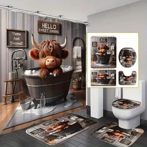 1/4 pcs Happy Highland Cattle Cubs Bathing Pattern Design Shower Curtain Set, Non-slip Floor Mat, U-Shaped Carpet, Toilet Seat Cover, Perfect for Bathroom, Restroom Decoration, Partition, Beautify Space, Comes with 12 Shower Curtain Hooks