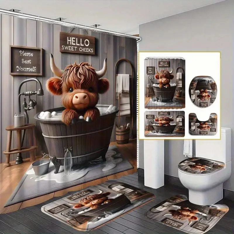 1/4 pcs Highland Cattle Cubs Bathing Pattern Design Shower Curtain Set, Non-slip Floor Mat, U-Shaped Carpet, Toilet Seat Cover, Bathroom Decor And Accessories, Comes with 12 Shower Curtain Hooks