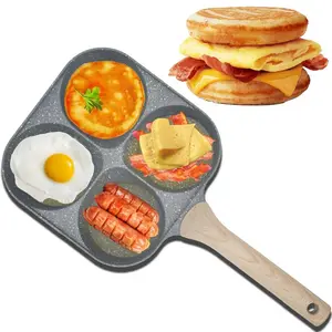 Non-stick egg frying pan, 4-hole Heart-Shaped Pancake Pan with Wooden Handle,Breakfast Skillet, Small Nonstick Pan for Eggs, Omelets, Toast, Pancakes & Crepes, Easy-Clean Multifunctional Kitchen Gadget, Compact Birthday Gift Idea pan（White/Black）