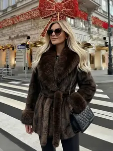 Women's Belted Faux Fur Coat, Winter Fashion Long Sleeve Coat with Pocket, Casual Warm Outerwear, Stylish Daily Wear, Perfect for Cold Weather