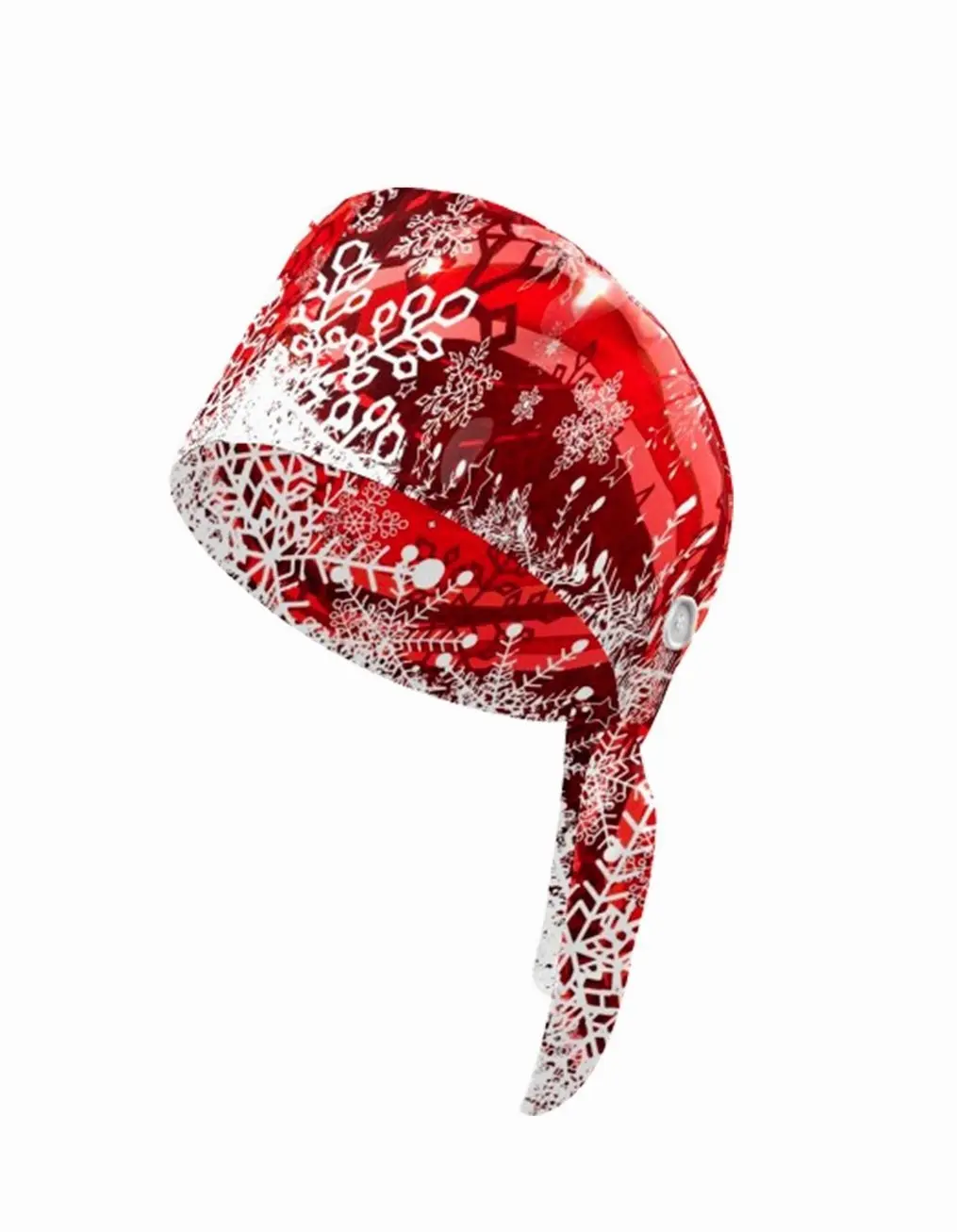 Adjustable Scrub Cap with Sweatband and Buttons, Breathable Cotton Tie Back Hat for Professionals - Red Snowflakes Print