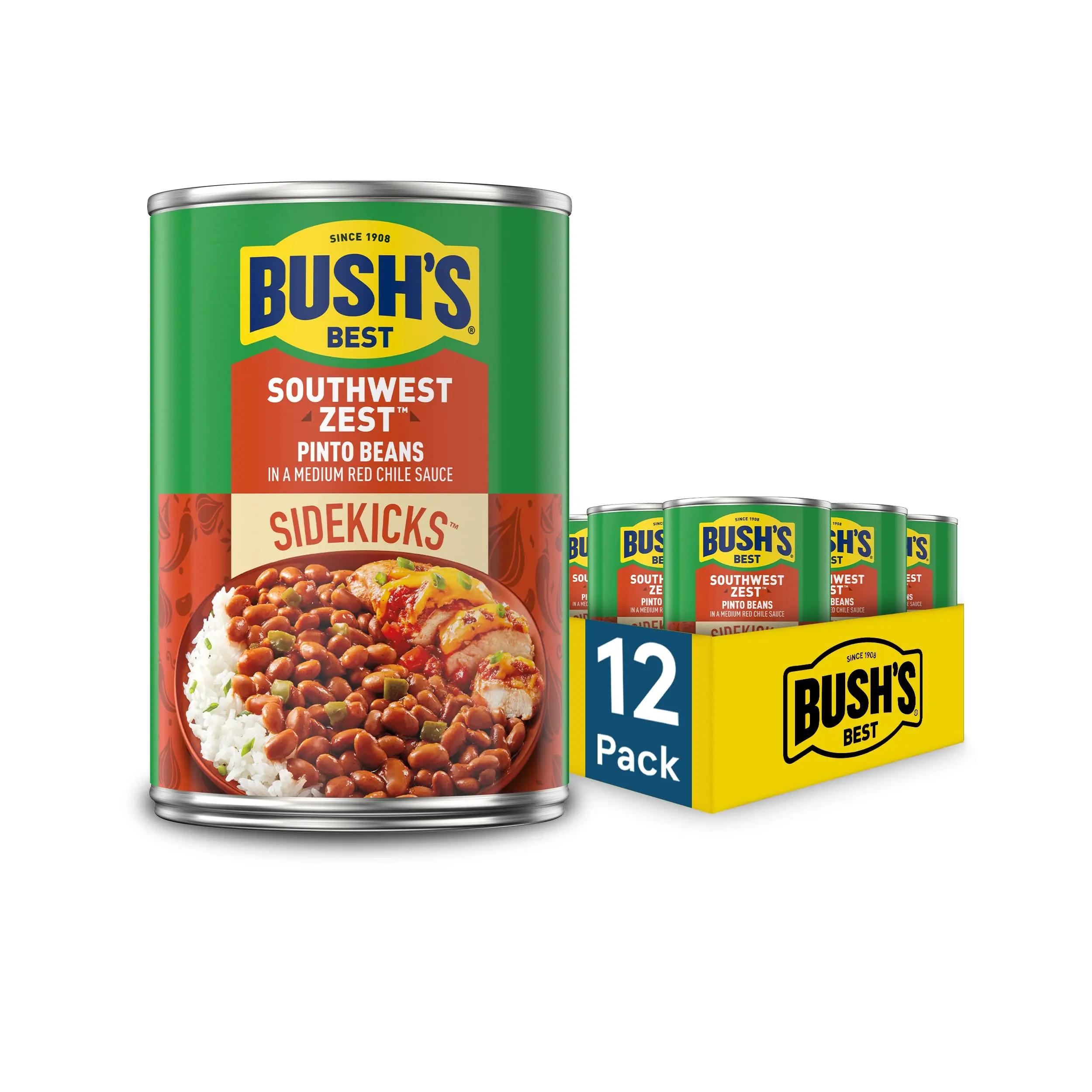 Southwest Style Pinto Beans in Red Chile Sauce, 12 Pack Canned Beans, Plant Based Protein and Fiber, Gluten Free, 15 oz Cans