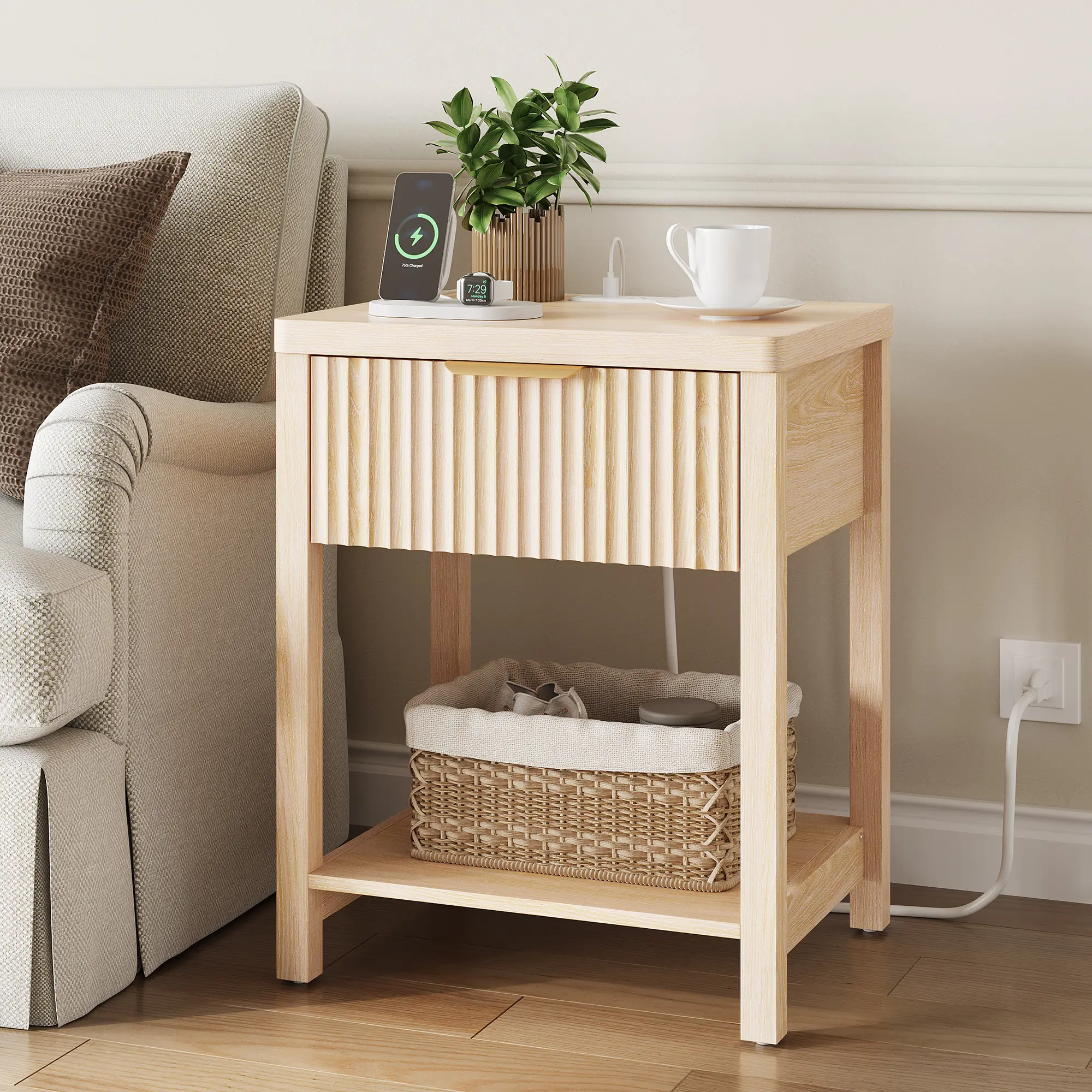 Aowos Fluted Nightstand, Bedside Tables with Charging Station, Boho Side Tables with Drawer & Open Compartment for Bedroom Wooden Tabletop, Bedside Cabinet with USB Ports, Nightstand with Storage, Apartment Nightstand, Kids Bedside Table tiktokshopspringg