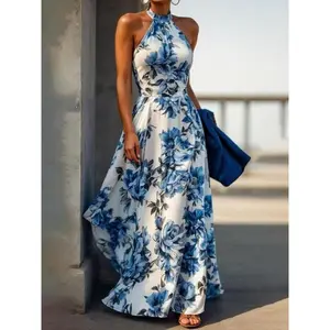 Women’s floral print A-line dress with back zipper, elegant sleeveless long dress for parties, holidays, and wedding guests, ladies’ summer clothing
