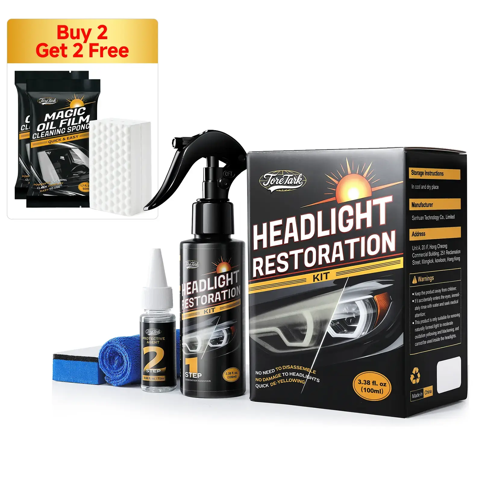 Toretark No-Sand Headlight Restoration Kit - 100ML Cleaning Solution & 20ML Crystal Coating - Revive Oxidized & Yellowed Headlights - Ultimate Car Care Gift for Him/Her - Achieve Crystal Clear Results!