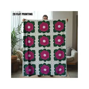 Gorgeous Handmade Crochet Style Vibrant Fuchsia Pink Floral Granny Square Cozy Soft 2D Printed Throw Blanket for Home Couch Decor