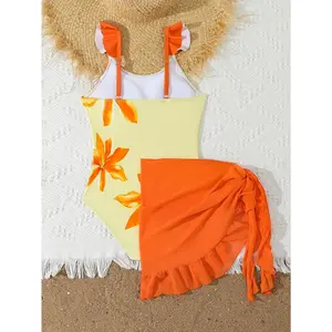 Tween Girls Floral Printed 1pc Swimsuit, Elevated Style Holiday & Beach Tween Girl Swimsuit Orange Swimsuit Swimsuits Tweens Tween Girl Ruffle Swimsuit Tween Swimwear with Sarong Beach Dress