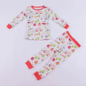 Down on The Farm, Ivy and Krue, Bamboo Long Sleeve PJ Set for Kids - Cozy Comfortable Bedtime Pajamas with Vibrant Farmyard Print & Red Cuffs