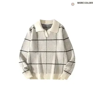 Men's Checkered Long Sleeve Sweater Vintage Plaid Lapel V Neck Jumper Sweater Casual Knitted Pullover Tops Stylish Fashionable for Everyday Wear