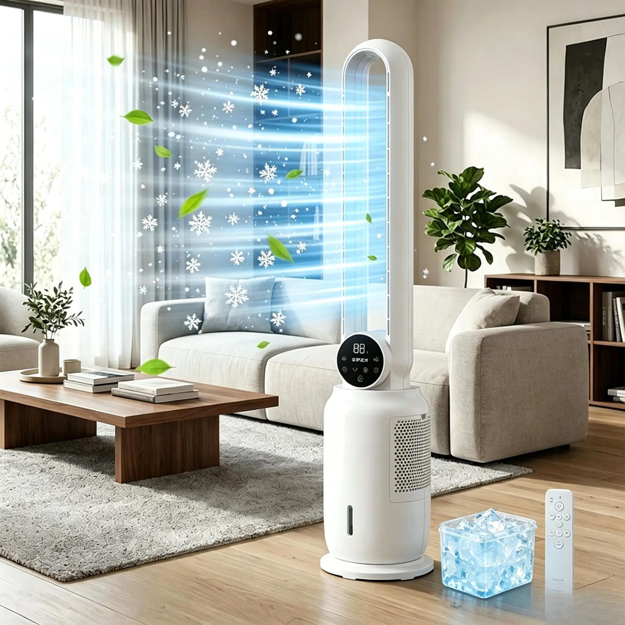 SPZTJK Bladeless Cooling Tower Fan, Energy-efficient Evaporative Air Cooler with Air Purification. Comes with touch & remote control, ice crystal box, 3 speeds, 12H timer, water tank, filter and night light. Quiet, ideal for home, office & bedroom.