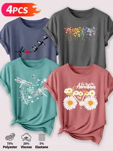 4Pcs Women's Casual Crew Neck T-Shirts, Bird Heart/Wildflower/Dragonfly Daisy/Bicycle Daisy Print, Multiple Colors Available, Machine Washable, Spring & Summer Tops, Soft Skin-Friendly Fabric, Daily Versatile, Fashion Design