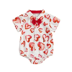 Newborn Infant Baby Boy Valentine’s Day Shirt Romper Short Sleeve Heart Print Bow Tie Button-down Summer Gentleman Bodysuit Clothes 0-18 Months