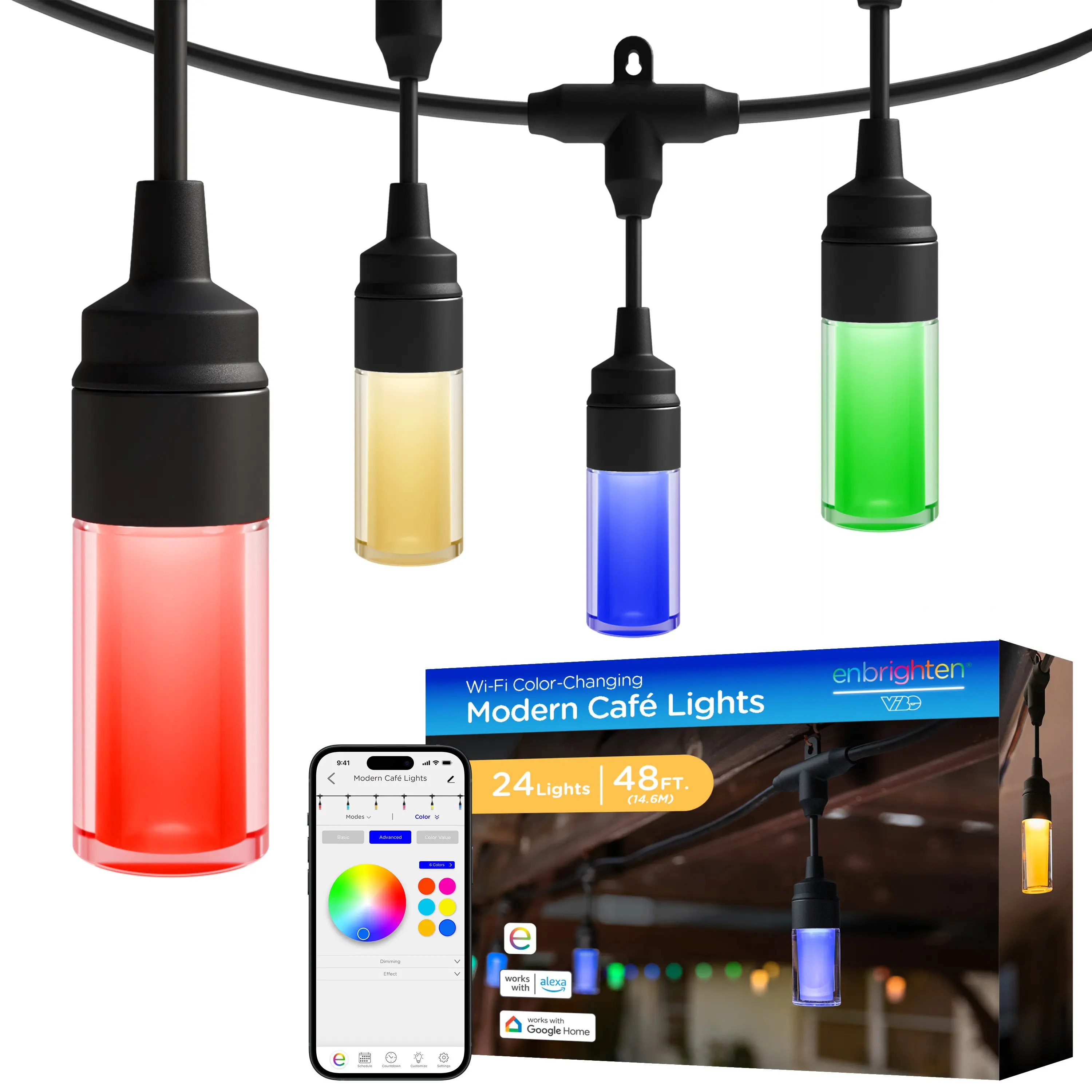 Enbrighten VIBE WiFi Modern Color-Changing LED Cafe Lights, 24 Bulbs, 48ft. Black Cord
