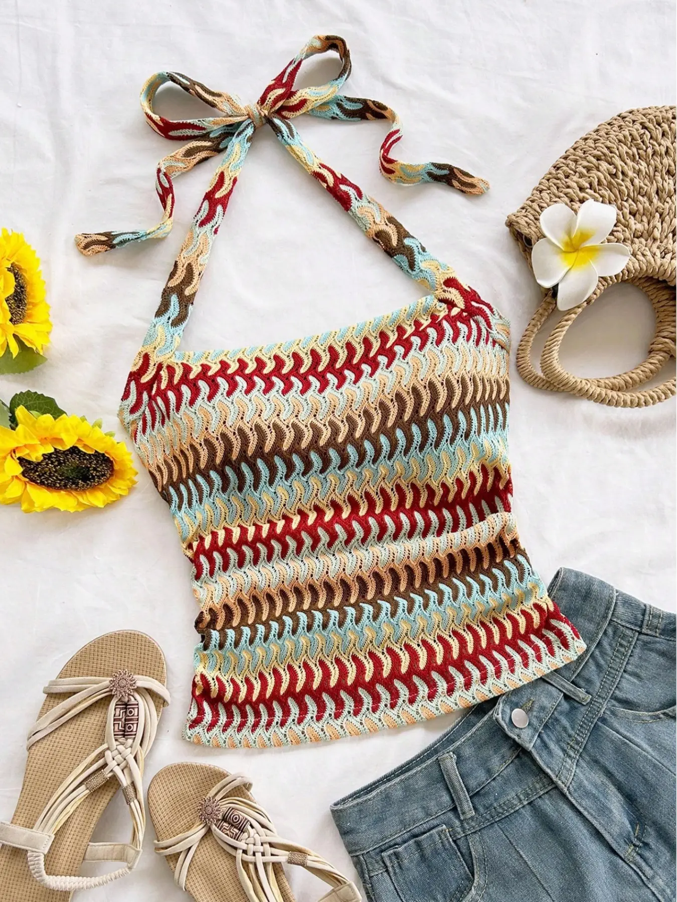 Boho Bohemian Style Colorblock Wave Pattern Knitted Halter Backless Fit Top, Vintage Striped Tie-Back Vacation Dressing Crop Tank