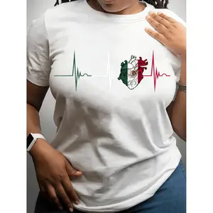 Women's Mexican Flag Heartbeat Graphic T shirt with National Emblem Design Short Sleeve Crew Neck Casual Top for Spring and Summer Vibrant Cultural Apparel