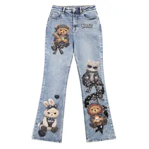 “Plushie Dream” Stretchy Bear Printed Denim Jeans Women High Waist Flare Jeans Y2K Streetwear Cute Kawaii Graphic Jeans Stretch Blue Wide Leg Pants Vintage Aesthetic Harajuku Style Casual Trendy Denim Trousers for Women Fashion Outfit Womenswear Bottom