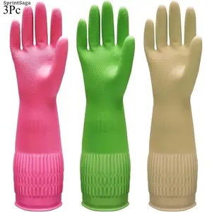 3 Pairs Dishwashing Gloves, Heavy Duty Cleaning Gloves with Long Cuff 15", Non-Slip & Waterproof, Durable Flexible Rubber Gloves for Kitchen, Household Cleaning, Laundry & Dishwashing (XL)