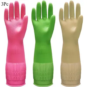 3 Pairs of Rubber Dishwashing Gloves for Kitchen and Household Cleaning - Long Cuff 15", , Flexible Long-lasting and Non-Slip (Red+Yellow+Green, X-Large) Home Hand
