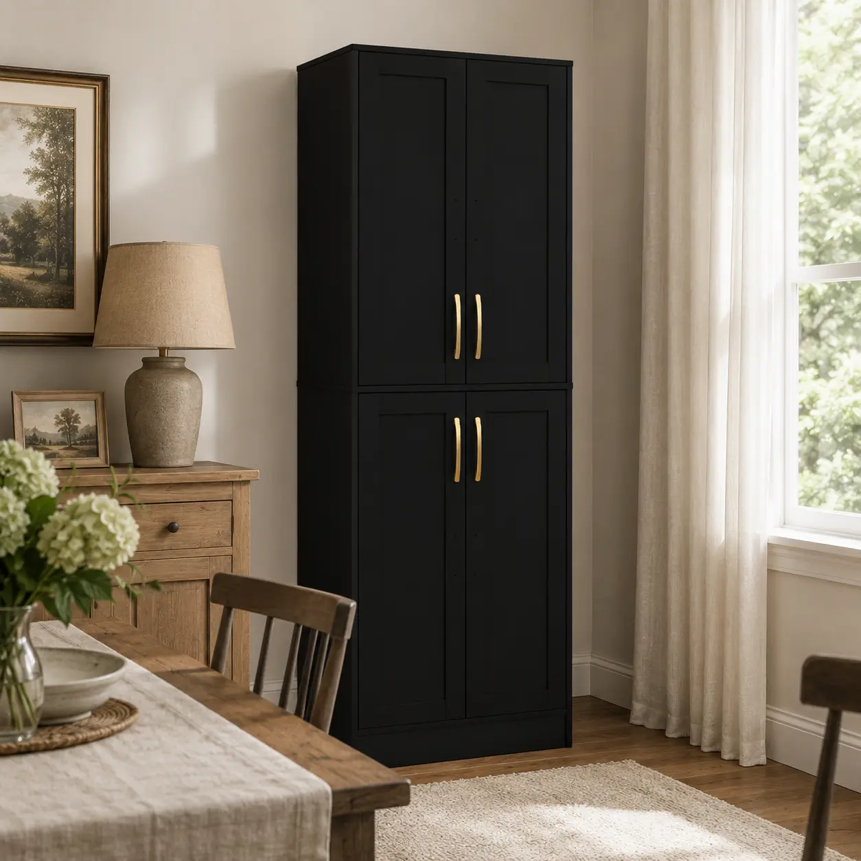 60.6" Tall Farmhouse Kitchen Pantry Cabinet with Adjustable Shelves & 4 Doors, Classic Simple Cabinet Kitchen Furniture for Dining Room Organization, Classic Simple Kitchen Furniture