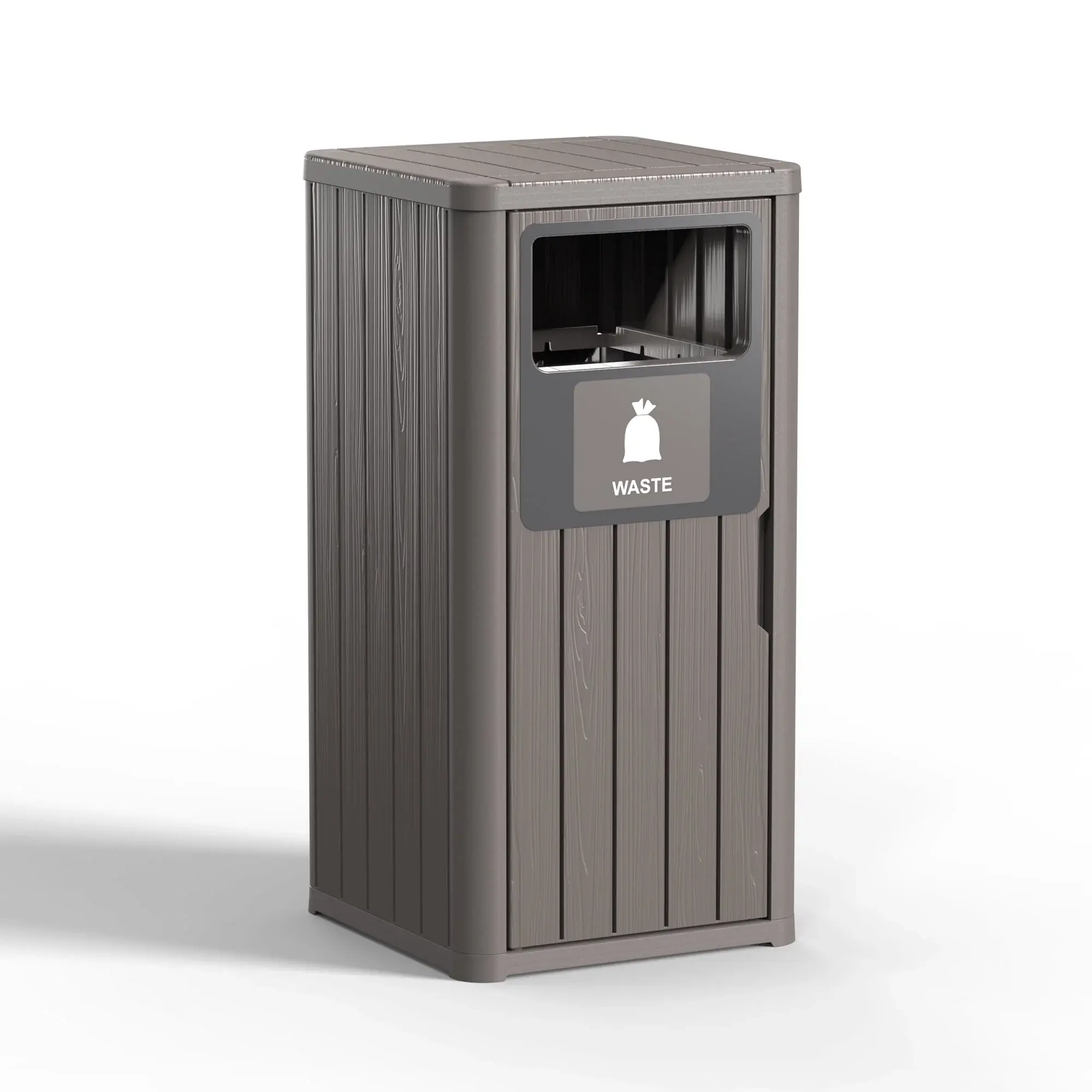 Gray Easy Up Outdoor Single Barrel Trash Can - Waterproof Resin Waste Bin with Garbage Labels, Durable for 30-39 Gal Trash Bags, Ideal for Porch, Backyard (1-Piece)