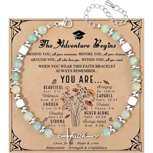 Inspirational Faith Cross Amazonite Beaded Graduation Bracelet for Her with Card - The Adventure Begins, Class of 2026 Gift for Daughter