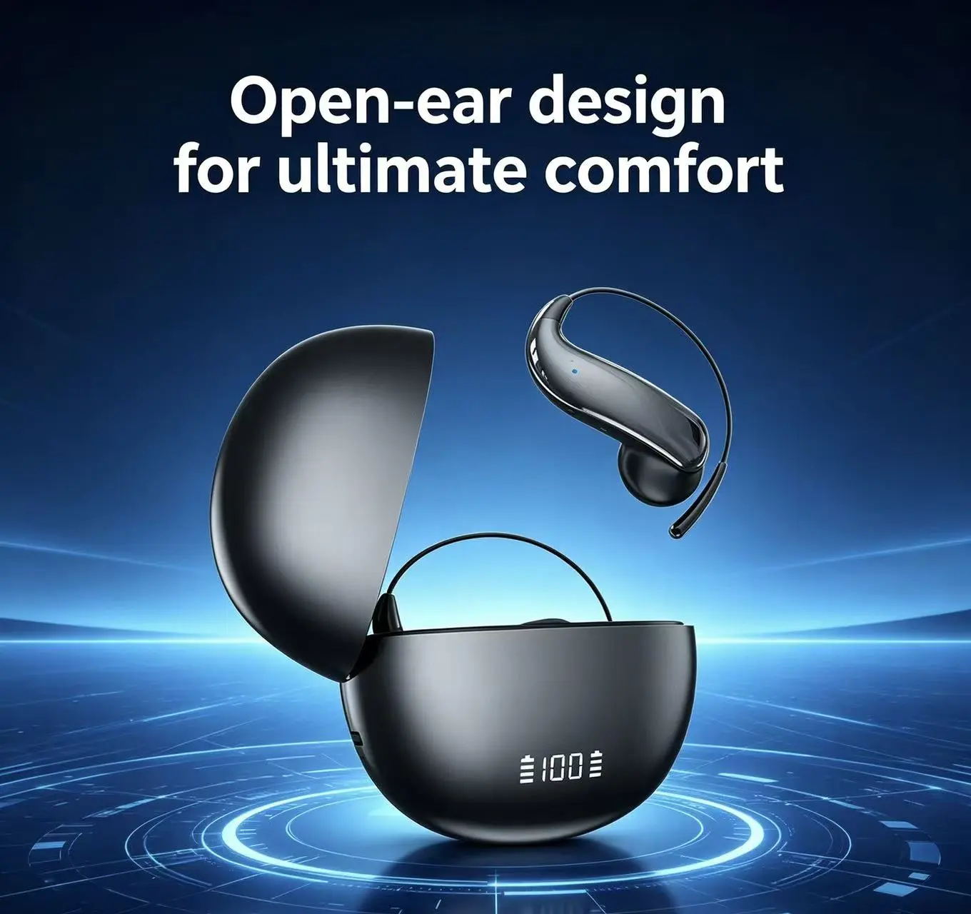 Truly open-ear headphones—durable and comfortable. Bluetooth 6.1 in-ear wireless earbuds for sports with OWS, featuring an LED display. In-ear headphones deliver deep bass, offer up to 60 hours of battery life, and feature a comfortably designed ear-hook