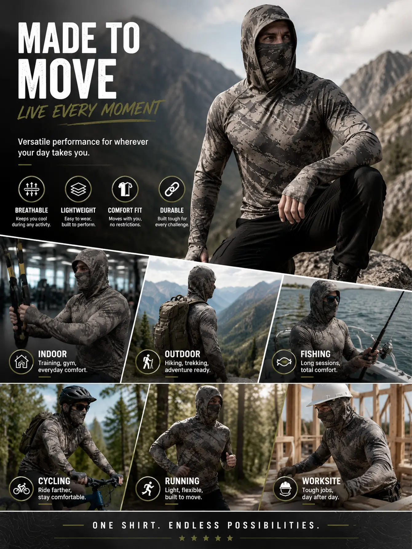 Men’s camouflage balaclava hoodies, 5-pack — UPF sun protection long-sleeve performance workout tactical shirts for outdoor hunting and fishing Men’s camouflage balaclava hoodies, 5-pack — UPF sun protection long-sleeve performance workout tactical shirts for outdoor hunting and fishing