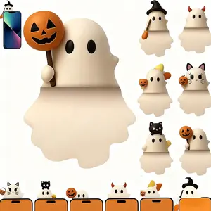 3D 6 Ghostees Mysterious Phone Companions Cute Halloween Themed Faux Leather Phone Decorations Peel and Stick Surprise Mini Figures with Ghosts Pumpkins and Bats Fun Desktop Accessories for All Phones Halloween Decorations Prank Design Surprise