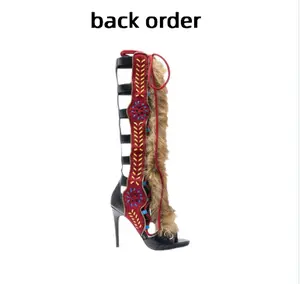 AMINUGAL Faux Fur Splicing Knee High Sandals in Red & Black for Women Girl Open-Toe Breathable Walking Shoes Footwear Boot