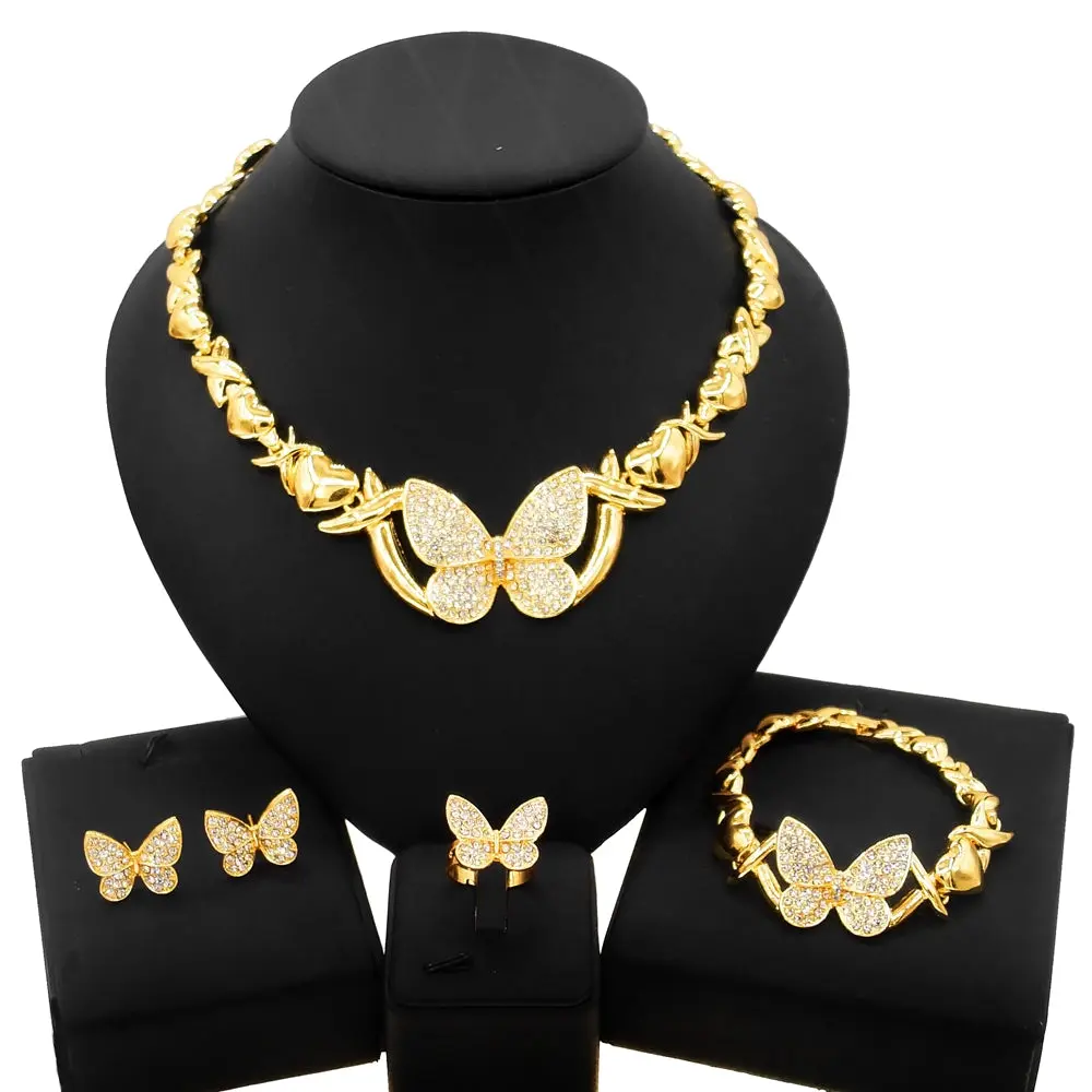 Women's Elegant Matching HUGS & KISSES xo Gold-Plated Butterflies Jewelry Set #102 - Costume Accessory Set with Necklace and Bracelet, Elegant Jewelry Set, Matching Jewelry Set