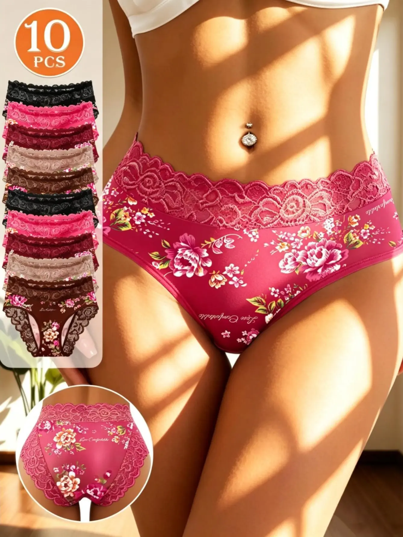 Women's Mid-Rise Panties 5/8/10-Pack, Mixed Color 5pcs Option, S-5XL Fit, Polyester Soft Comfy Lightweight Breathable Fabric, Floral Print, Lace Trim, Contrast Color Design, Elegant Everyday Underwear Summerwins 1408