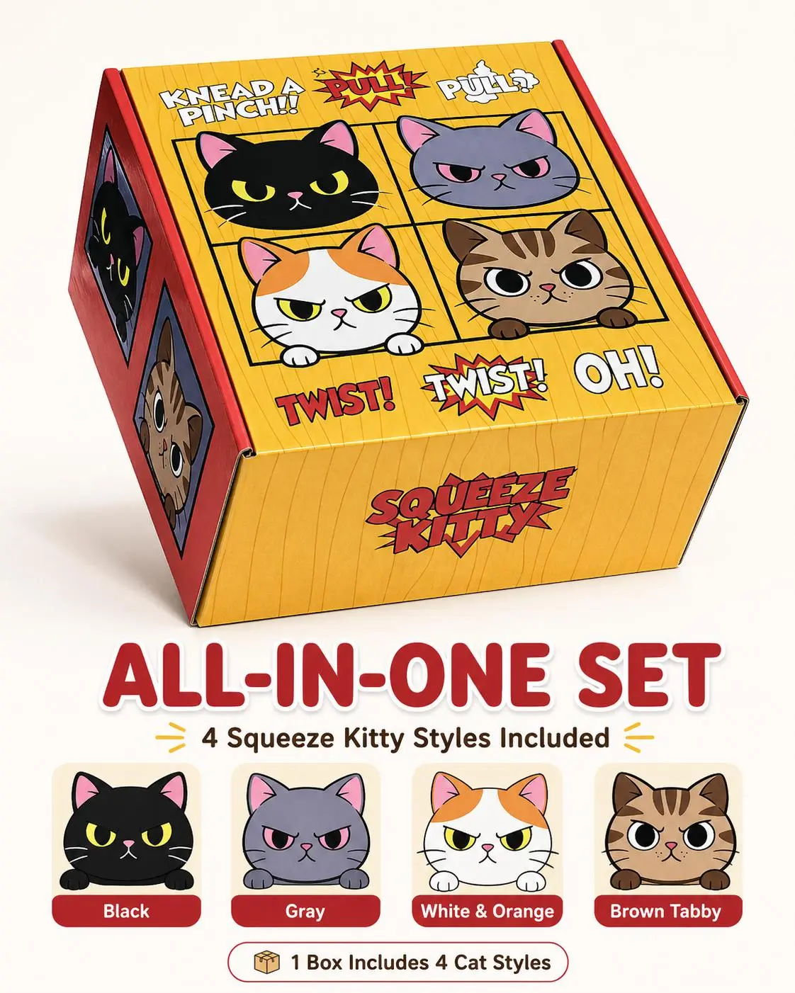 4-Pack Squishy Cat Squeeze Toys, Soft Stretchy Stress Relief Fidget Sensory Toys, Cute Angry Cat All-in-1 Set for Novelty Play