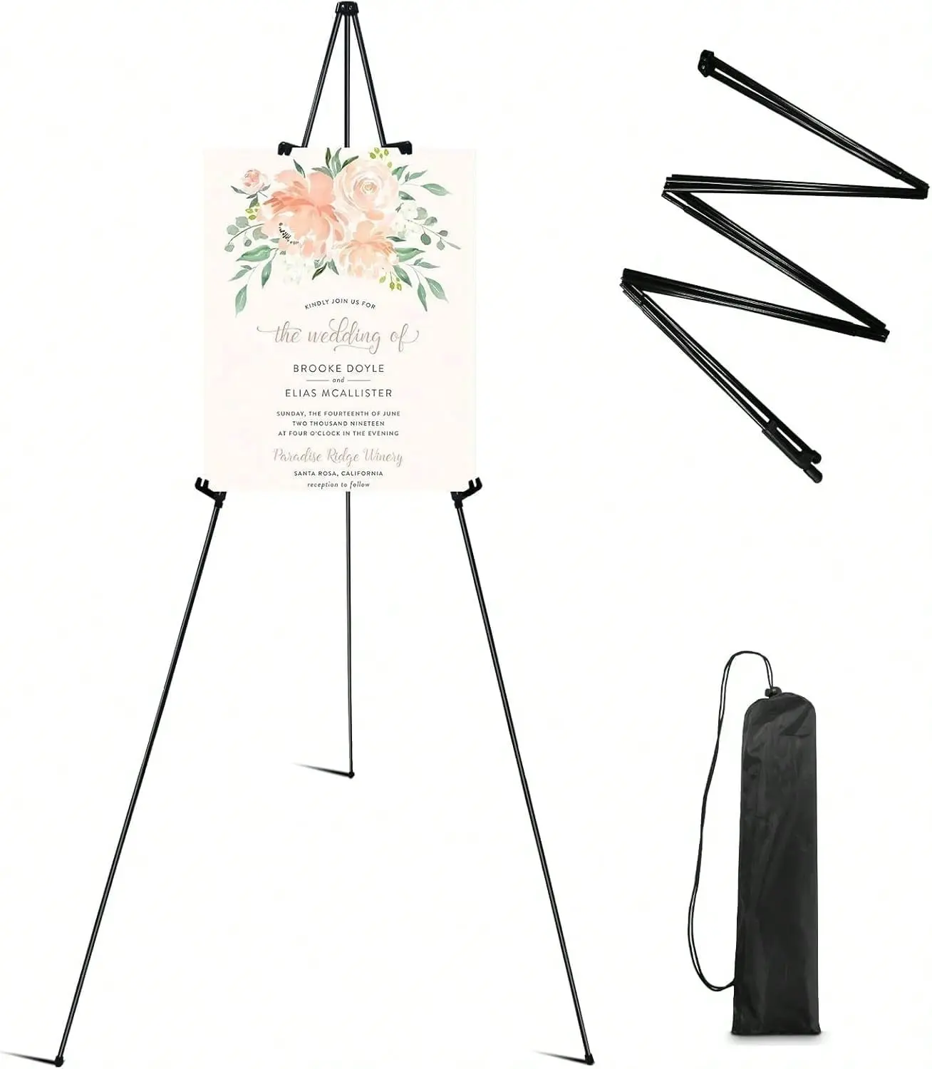 63 Inch Easel Stand for Sign, Poster Stand and Wedding Sign | Instant-fold metal tripod with carry bag for welcome sign, poster display, foam board and floor use