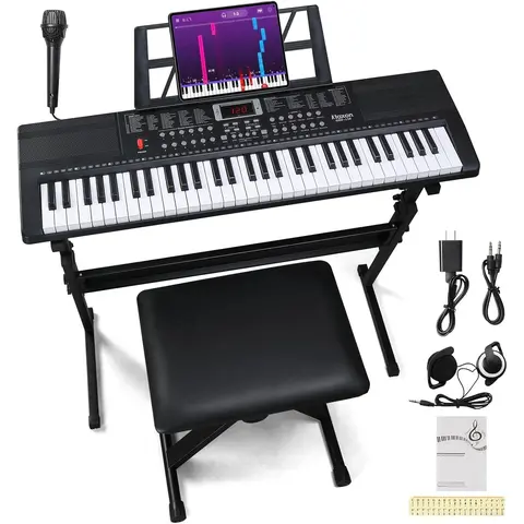 Glarry 61-Key Compact Digital Piano Keyboard for Beginners - Black Electronic Piano with Full-Size H-Stand, 52 Stereo Speakers, Headphone Quiet Feature, Mic Vocal Mode, Music Rest, Power Adapter, Bench, Manual, 3 Teaching Modes