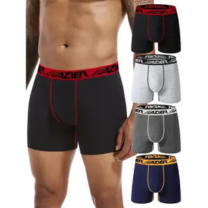 4-Pack Men'S Long Boxer Briefs, High Stretch Knit Fabric, Polyester 92% Spandex 8%, Alphabet Pattern, Comfortable Fashion Shorts, Daily & Casual Wear, 140g/m²