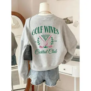 Women's Casual Golf Ball Letter Print Drop Shoulder Sweatshirt, Loose-Fit Long Sleeve Round Neck Pullover for Fall & Winter