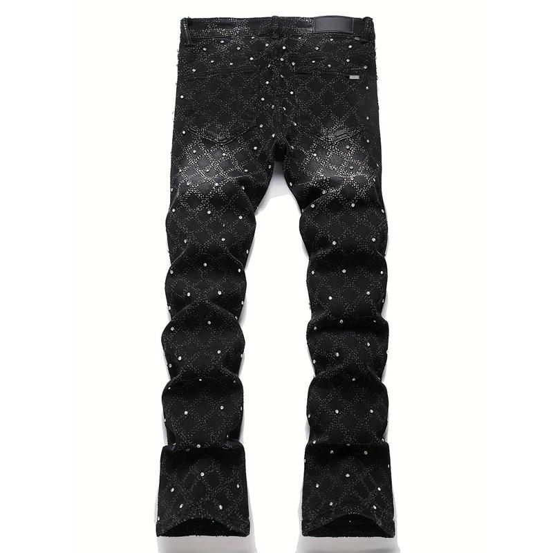 Y2K Men's Shiny Rhinestone Embellished Stretch Slim-Fit Jeans, Casual Street Style Hip-Hop Skateboarding Rap Pants, Machine Washable - All-Season Wear