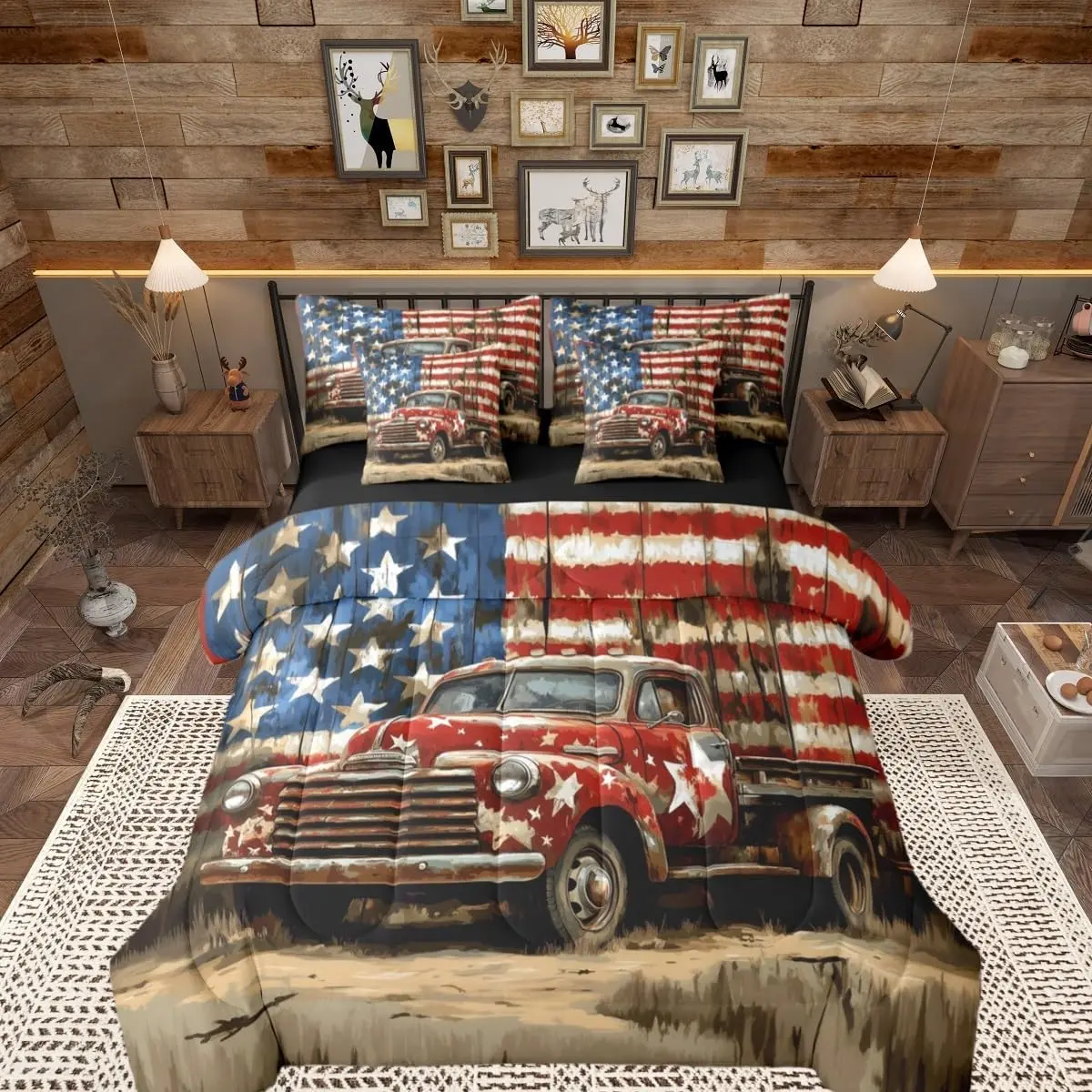 Retro Truck Bedding 7 Pcs,Old Style American Flag Bed Set Farmhouse Car Comforter Set,Red Blue Brown Soft Bed in a Bag with Comforter,Sheets,Pillowcases Room Decor