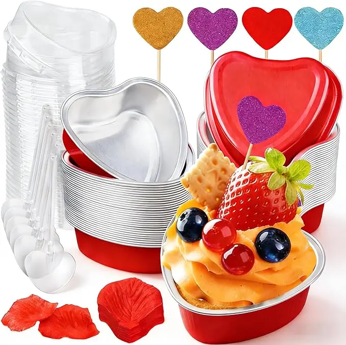36pcs heart-shaped cake mold(3.4oz), aluminum mini cake mold with lid, cake topper spoon, rose petal decoration, baking supplies suitable for Valentine's Day wedding, Mother's Day birthday, bachelor's party