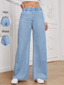 Women's Elastic Waist Wide Leg Jeans, Light Blue Loose Fit Denim Jeans, Comfortable Stretchy Waistband, Casual Daily Wear, Pants