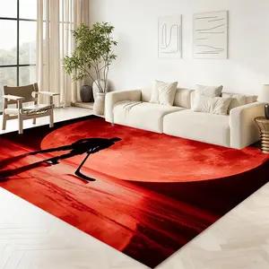 Ice hockey player with red moon background. Soft flannel decorative carpet for living room and bedroom home, machine washable and colorfast, various sizes