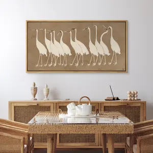 Framed Canvas Large Wall Art Prints Abstract Beige Brown Heron Bird Animal Prints Vintage Antique Retro Minimalist Illustrations
