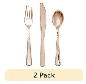 (2 pack) Rose Gold Assorted Plastic Disposable Cutlery 24 Count Forks Spoons Knives