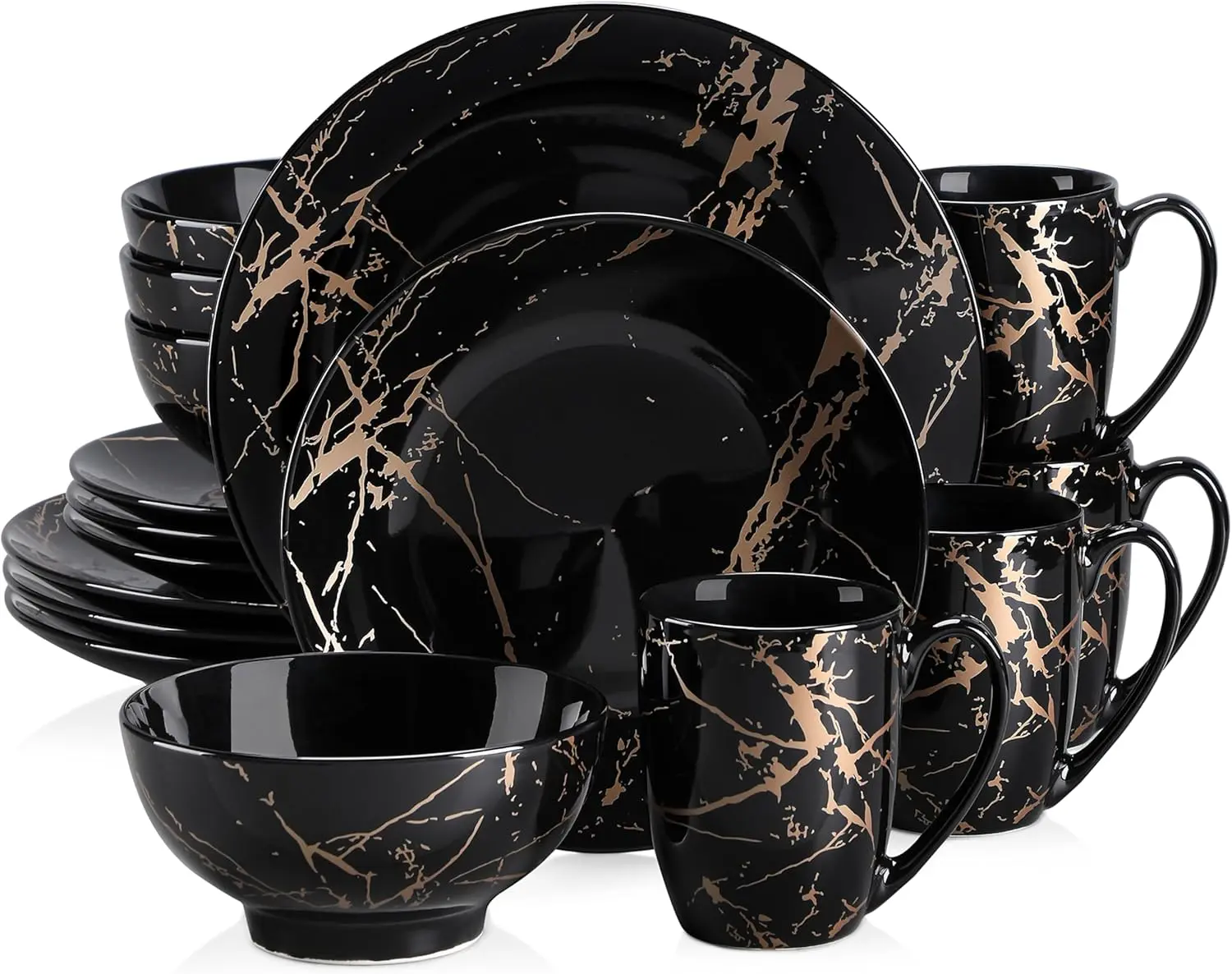 Plates and Bowls Sets for 4, Black Dinnerware Sets 16 Piece Gold Splash Glaze Round Dish Set, LOVECASA Porcelain Plate Set with Mugs Dishwasher Microwave Safe