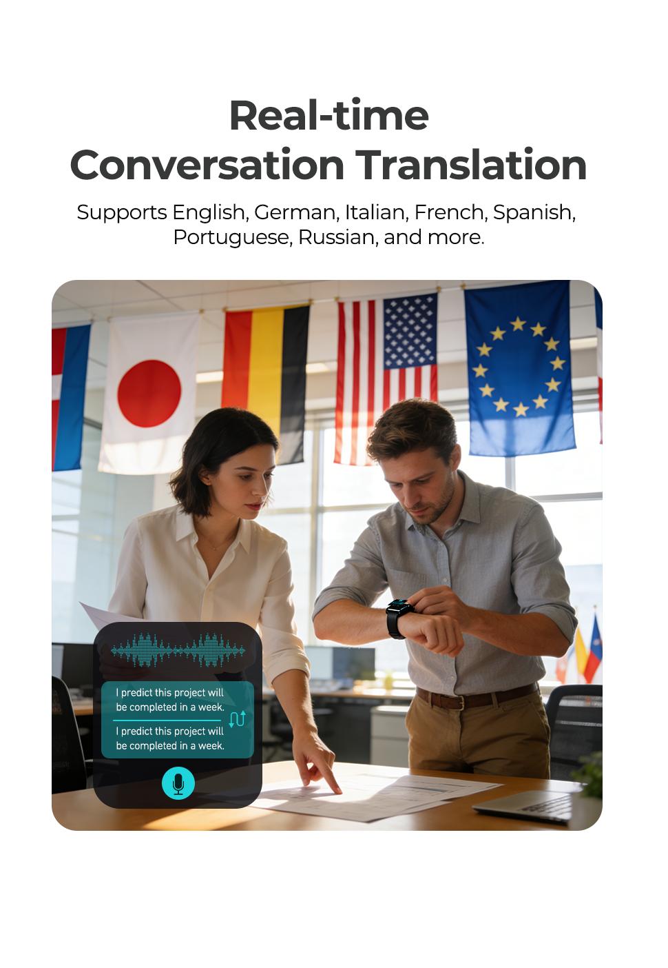 Smart Translation Watch, Supports Bluetooth Calling, AI assistant, and translation functions, with long battery life. This wearable device is compatible with iPhone and Android phones and functions as a translator. Translator